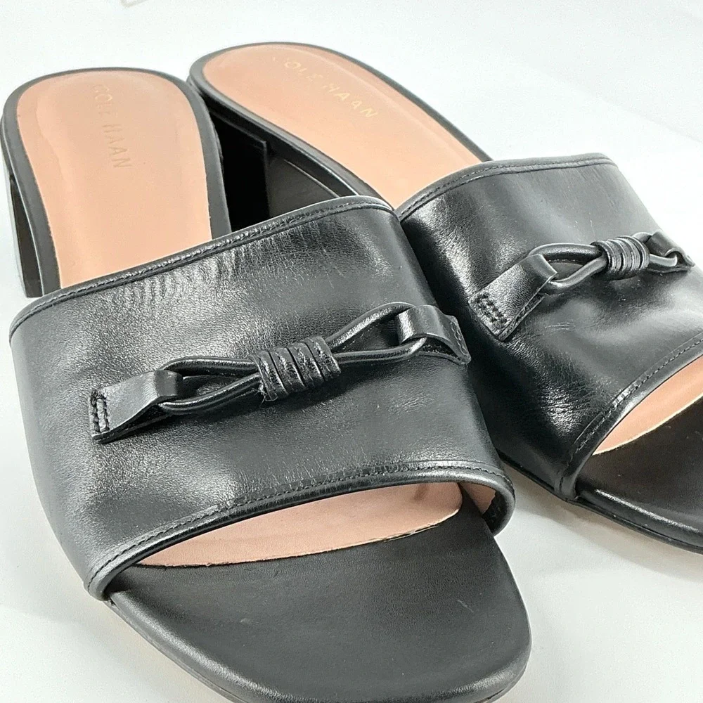 Cole Haan Grand 360 Size 8 Black‎ Leather Knot Slide Sandals Block Heel Womens